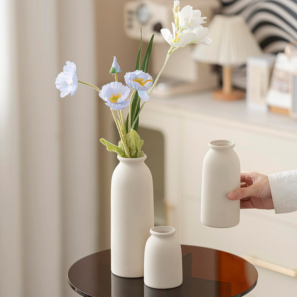 Ceramic Vase Set-3, Small Flower Vases for Decor, Modern Boho Farmhouse Style, Decorative Vases for Pampas Grass & Dried Flowers, Distressed Finish (Beige)