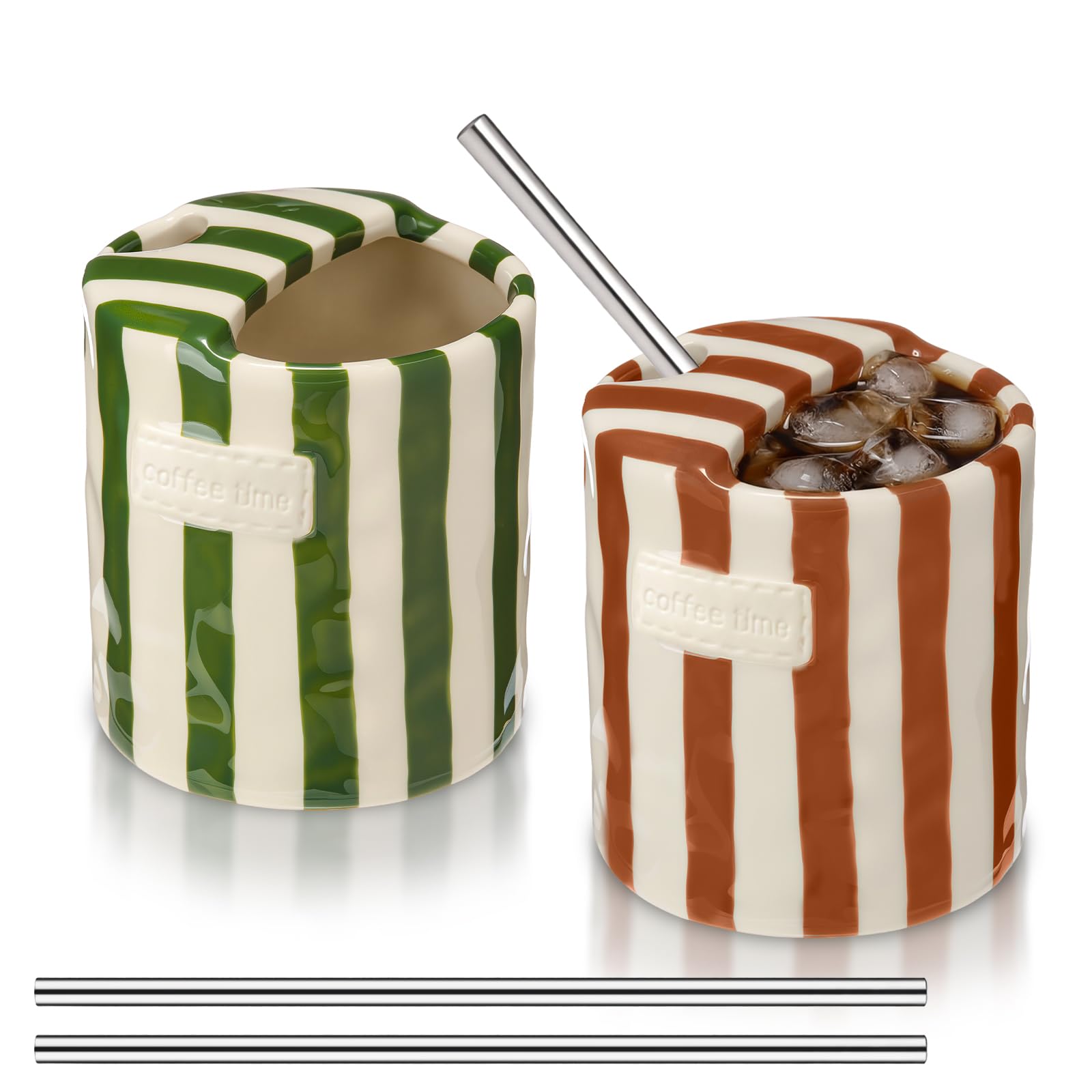 Ferrochef 2 Pack Ceramic Coffee Mug with Sip Hole Espresso Cup 10oz with Straws Retro Hand Painted Striped Ceramic Coffee Tea Travel Mug Cappuccino Latte Cup for Kitchen Dining Travel (Green,Brown)