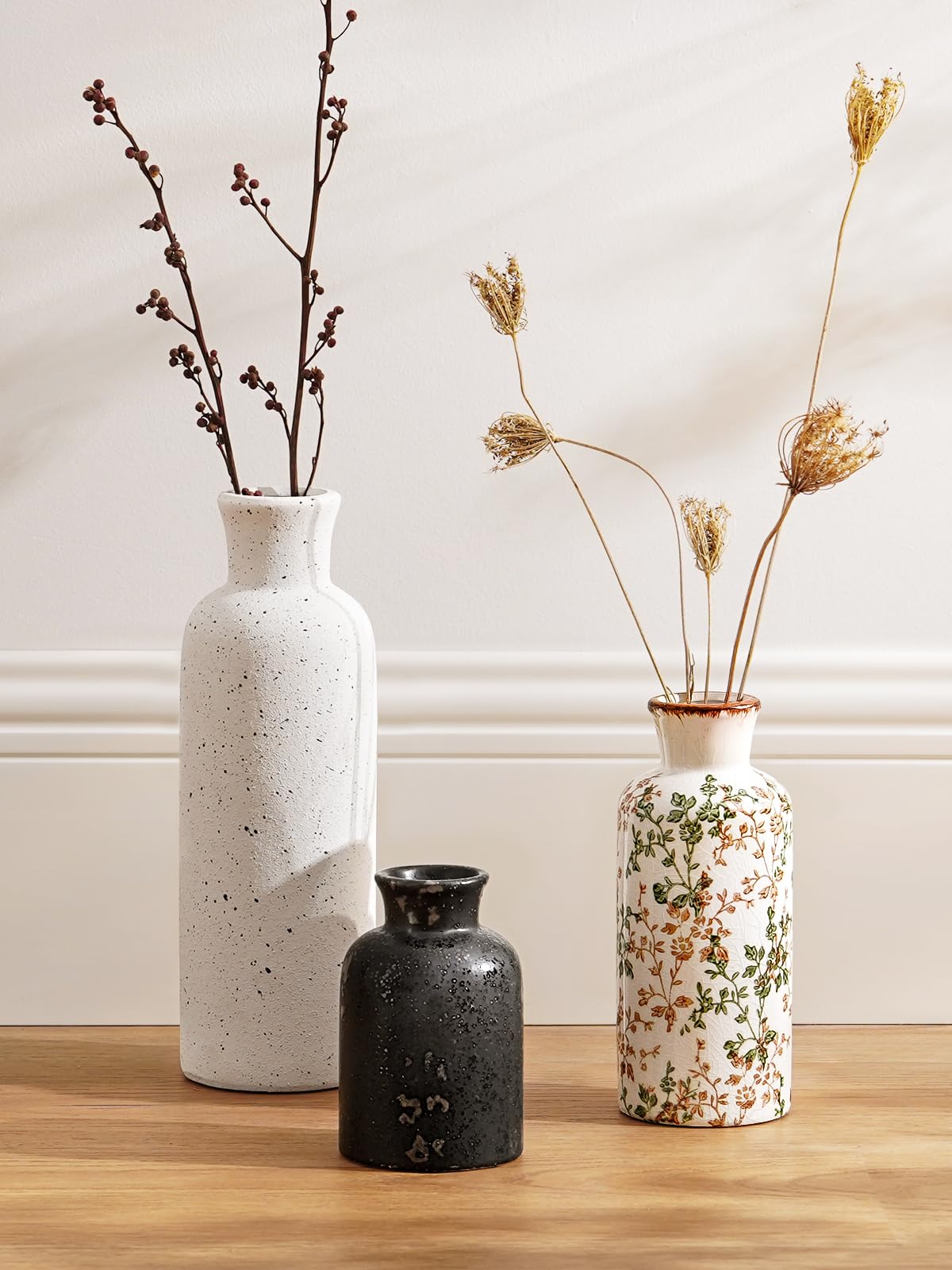 LE TAUCI Ceramic Vase Set of 3, Vintage Botanical Flower Vases for Fresh or Dried Flowers, Cottagecore Home Decor for Coffee Table, Mantel, Shelf, Entryway, Vine Green