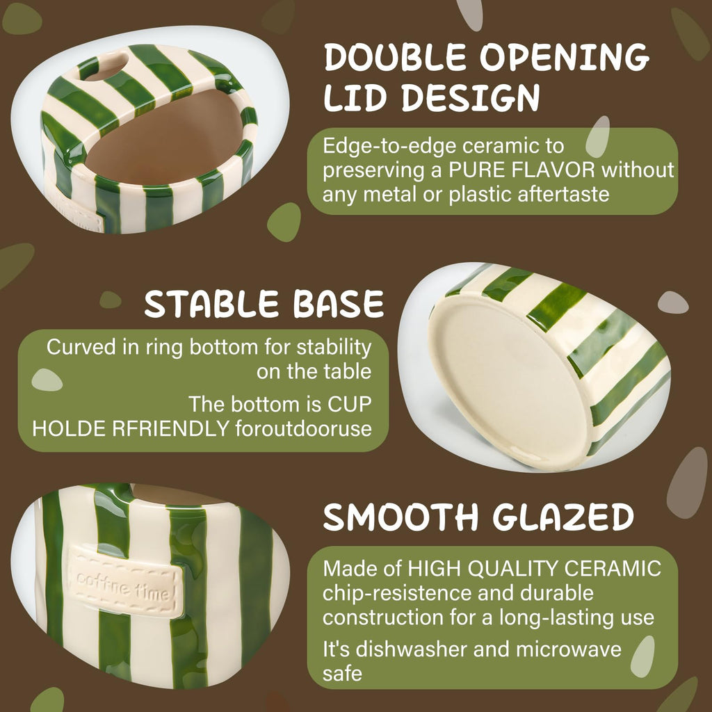 Ferrochef 2 Pack Ceramic Coffee Mug with Sip Hole Espresso Cup 10oz with Straws Retro Hand Painted Striped Ceramic Coffee Tea Travel Mug Cappuccino Latte Cup for Kitchen Dining Travel (Green,Brown)