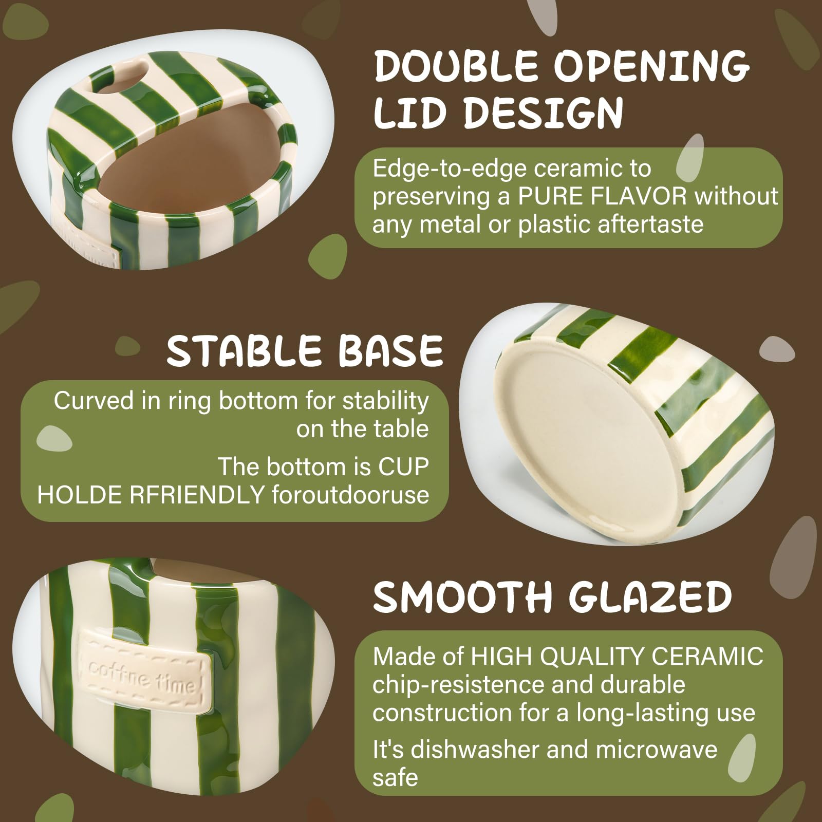 Ferrochef 2 Pack Ceramic Coffee Mug with Sip Hole Espresso Cup 10oz with Straws Retro Hand Painted Striped Ceramic Coffee Tea Travel Mug Cappuccino Latte Cup for Kitchen Dining Travel (Green,Brown)