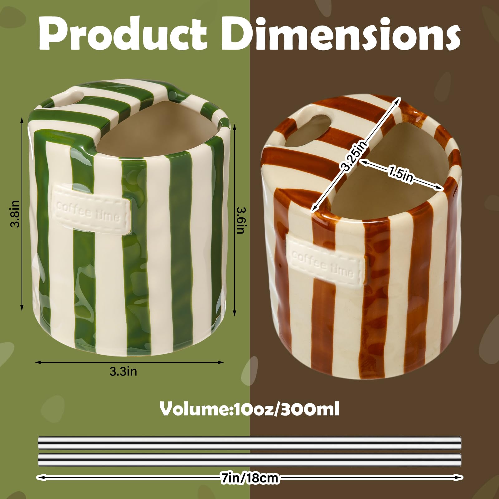 Ferrochef 2 Pack Ceramic Coffee Mug with Sip Hole Espresso Cup 10oz with Straws Retro Hand Painted Striped Ceramic Coffee Tea Travel Mug Cappuccino Latte Cup for Kitchen Dining Travel (Green,Brown)