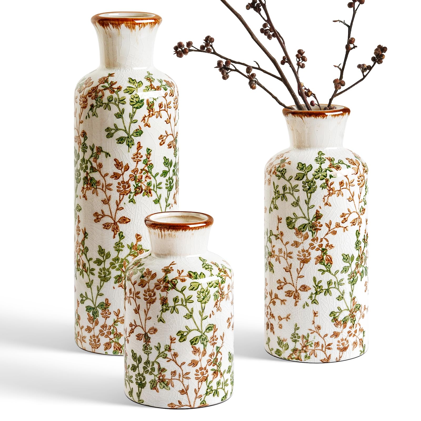 LE TAUCI Ceramic Vase Set of 3, Vintage Botanical Flower Vases for Fresh or Dried Flowers, Cottagecore Home Decor for Coffee Table, Mantel, Shelf, Entryway, Vine Green