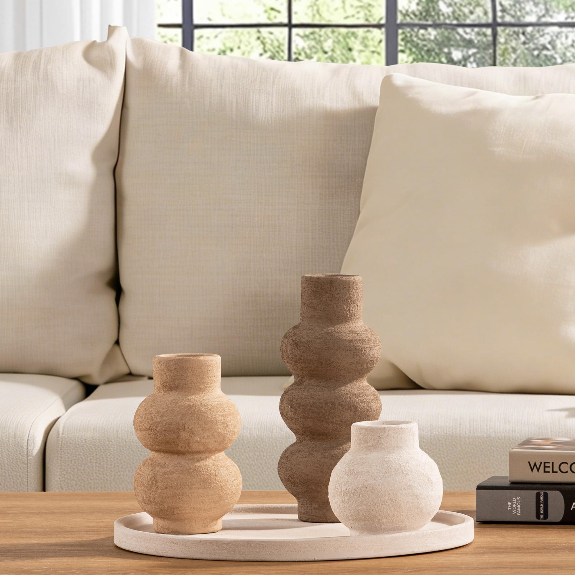 Ceramic Vase Home Table Decor - Flower Vase Set of 3 Living Room Kitchen Decorations Farmhouse Modern Rustic Vases Decorative Centerpiece for Shelf Bedroom Office Bathroom Dining Coffee Desk